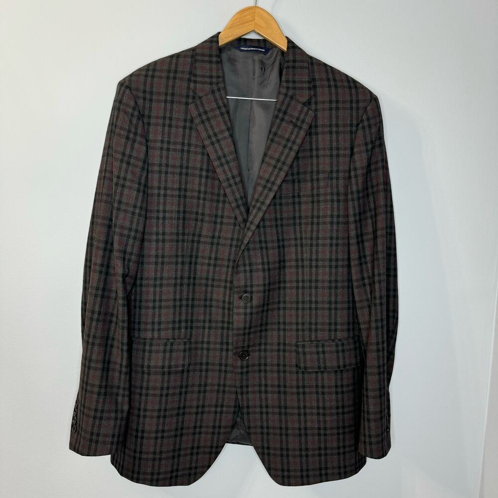 Coppley Esquire Mens Grey Plaid Multi Two Button Wool Blazer Jacket Classic 44T